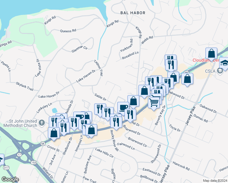 map of restaurants, bars, coffee shops, grocery stores, and more near 4642 Northland Lane in Chattanooga