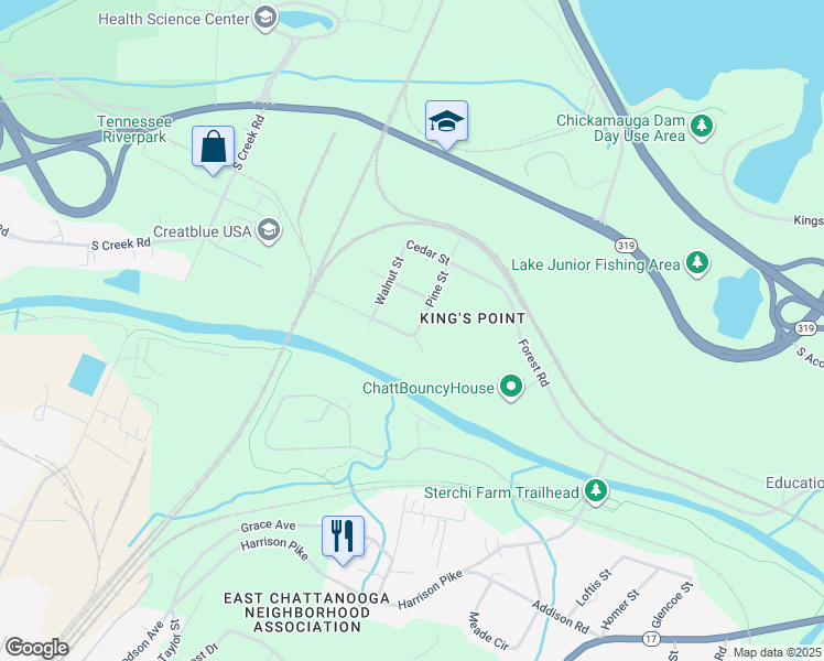 map of restaurants, bars, coffee shops, grocery stores, and more near 2515 North Wilder Road in Chattanooga