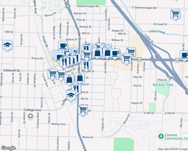 map of restaurants, bars, coffee shops, grocery stores, and more near 717 Factory Street in Conway