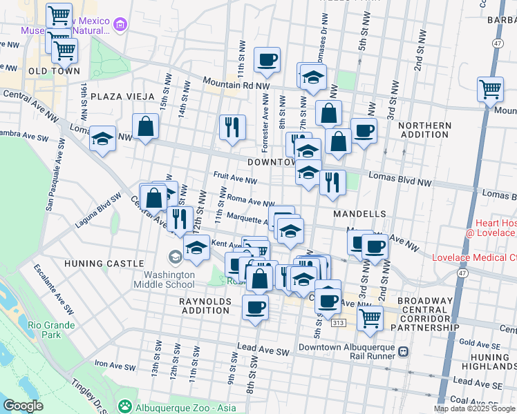 map of restaurants, bars, coffee shops, grocery stores, and more near 908 Roma Avenue Northwest in Albuquerque
