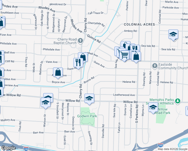 map of restaurants, bars, coffee shops, grocery stores, and more near 4426 Boyce Road in Memphis
