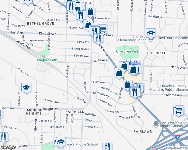 map of restaurants, bars, coffee shops, grocery stores, and more near 2048 Pendleton Street in Memphis