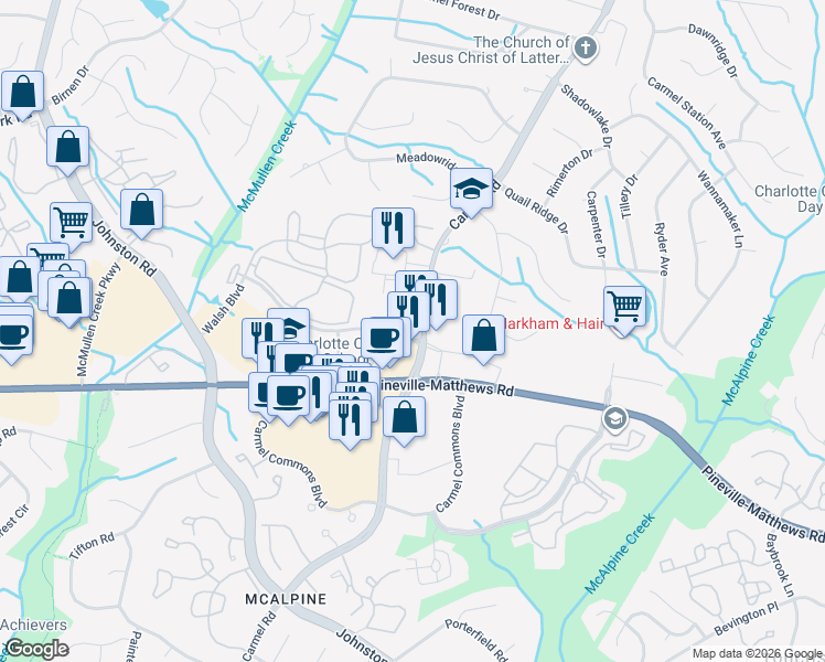 map of restaurants, bars, coffee shops, grocery stores, and more near 6420 Carmel Road in Charlotte