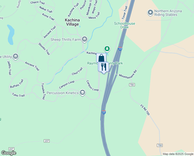 map of restaurants, bars, coffee shops, grocery stores, and more near 85 Kachina Trail in Flagstaff
