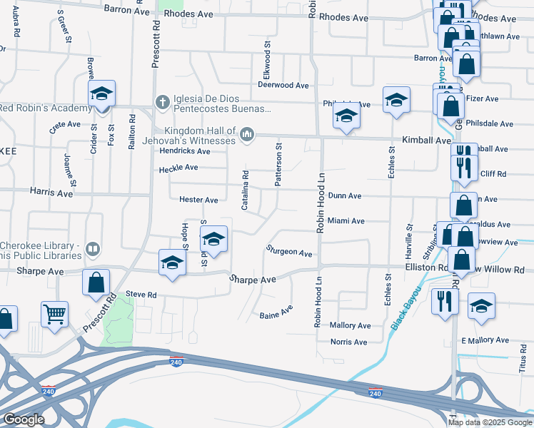 map of restaurants, bars, coffee shops, grocery stores, and more near 1544 Elkwood Street in Memphis