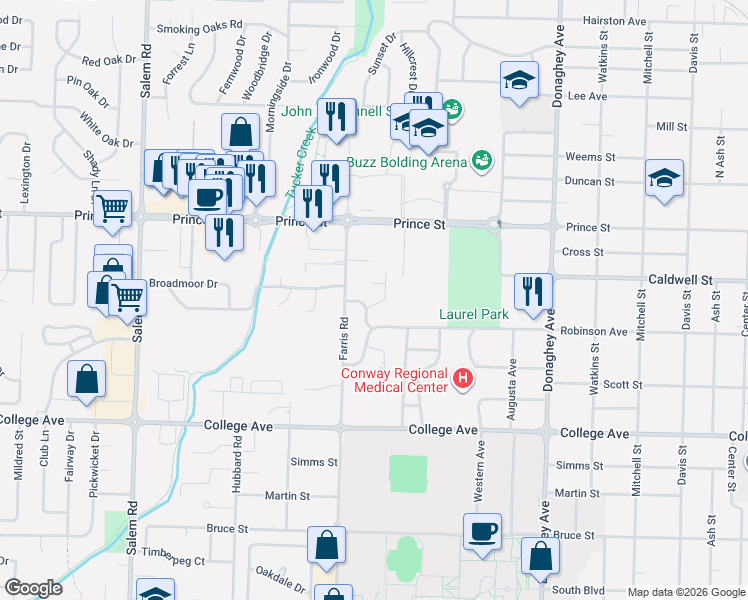 map of restaurants, bars, coffee shops, grocery stores, and more near 11 Stagecoach Street in Conway