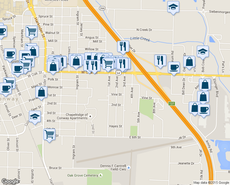 map of restaurants, bars, coffee shops, grocery stores, and more near 703 2nd Avenue in Conway