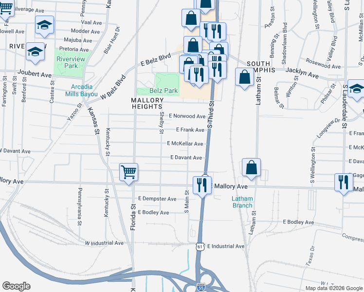 map of restaurants, bars, coffee shops, grocery stores, and more near 133 East McKellar Avenue in Memphis
