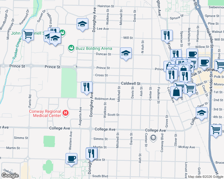 map of restaurants, bars, coffee shops, grocery stores, and more near 1926 Robinson Avenue in Conway