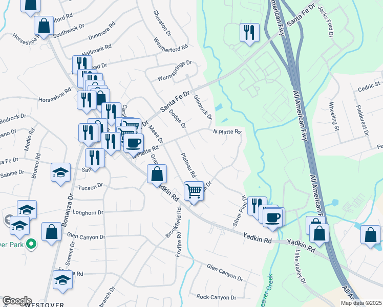 map of restaurants, bars, coffee shops, grocery stores, and more near 5443 Dodge Court in Fayetteville