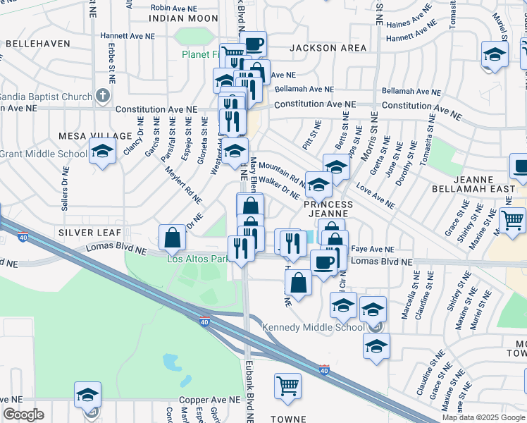 map of restaurants, bars, coffee shops, grocery stores, and more near 1005 Carol Street Northeast in Albuquerque