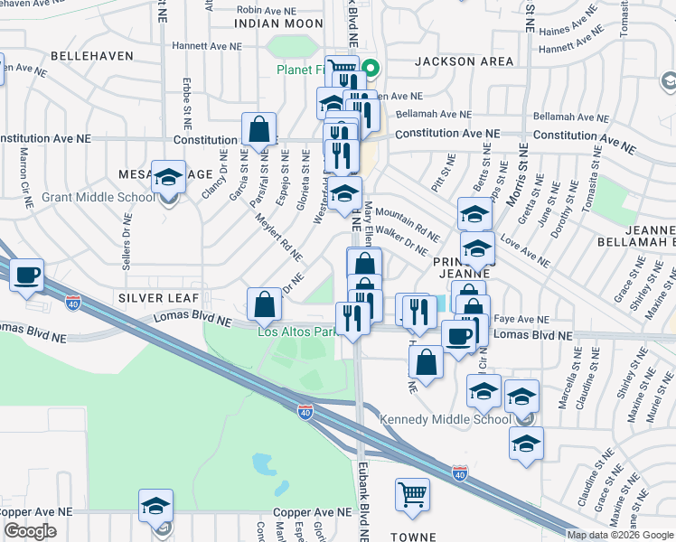 map of restaurants, bars, coffee shops, grocery stores, and more near 1132 Wade Circle Northeast in Albuquerque
