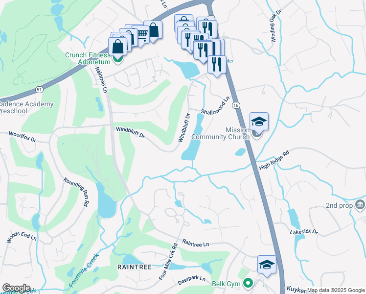 map of restaurants, bars, coffee shops, grocery stores, and more near 3501 Windbluff Drive in Charlotte
