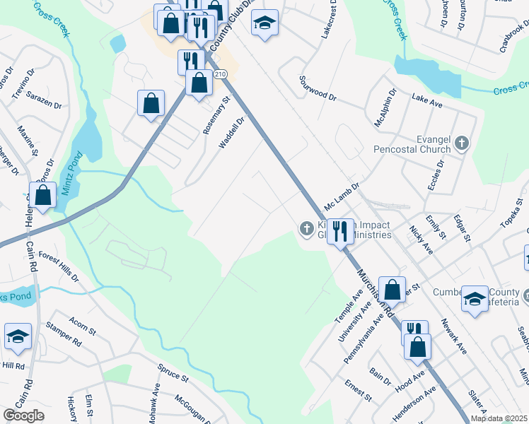 map of restaurants, bars, coffee shops, grocery stores, and more near 2701 Harvey Drive in Fayetteville