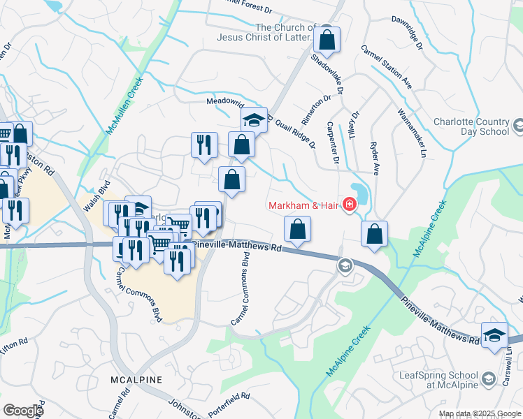 map of restaurants, bars, coffee shops, grocery stores, and more near 7209 Brigmore Drive in Charlotte