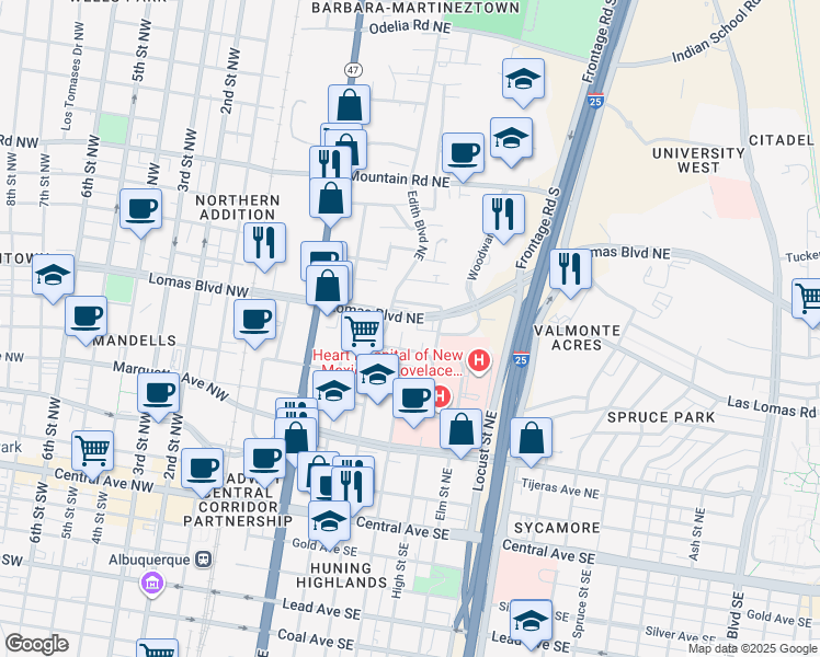 map of restaurants, bars, coffee shops, grocery stores, and more near 712 Tranquilino Court Northeast in Albuquerque