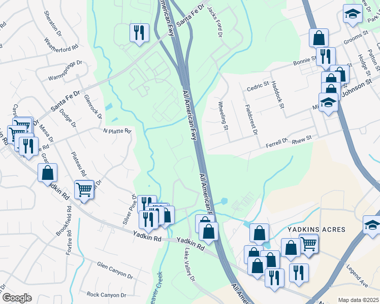 map of restaurants, bars, coffee shops, grocery stores, and more near 607 Dashland Drive in Fayetteville