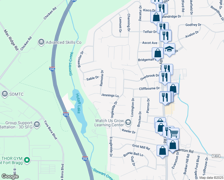 map of restaurants, bars, coffee shops, grocery stores, and more near 376 Crabapple Circle in Fayetteville