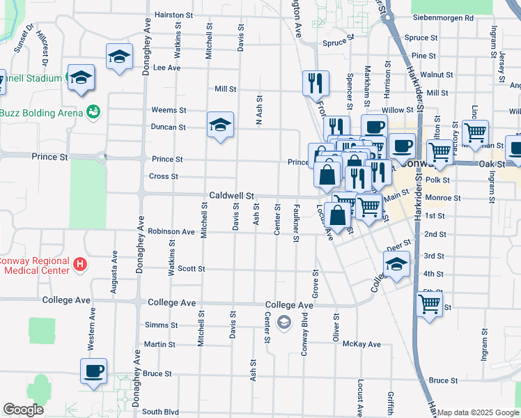 map of restaurants, bars, coffee shops, grocery stores, and more near 834 Ash Street in Conway