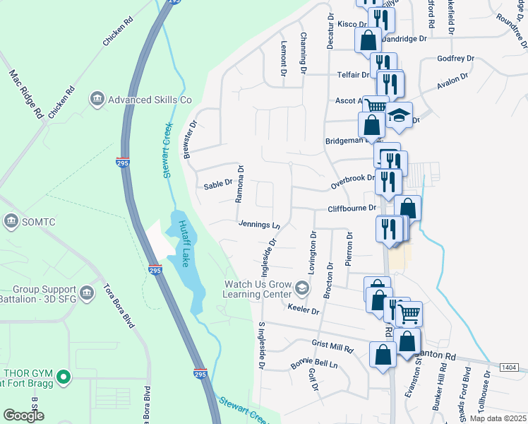 map of restaurants, bars, coffee shops, grocery stores, and more near 376 Crabapple Circle in Fayetteville