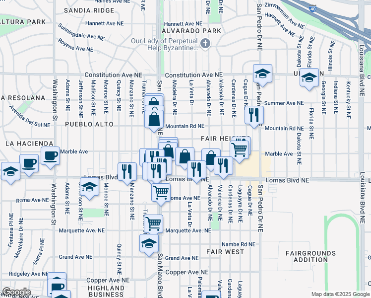 map of restaurants, bars, coffee shops, grocery stores, and more near 5413 Marble Avenue Northeast in Albuquerque
