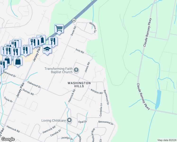 map of restaurants, bars, coffee shops, grocery stores, and more near 5012 Irvin Road in Chattanooga