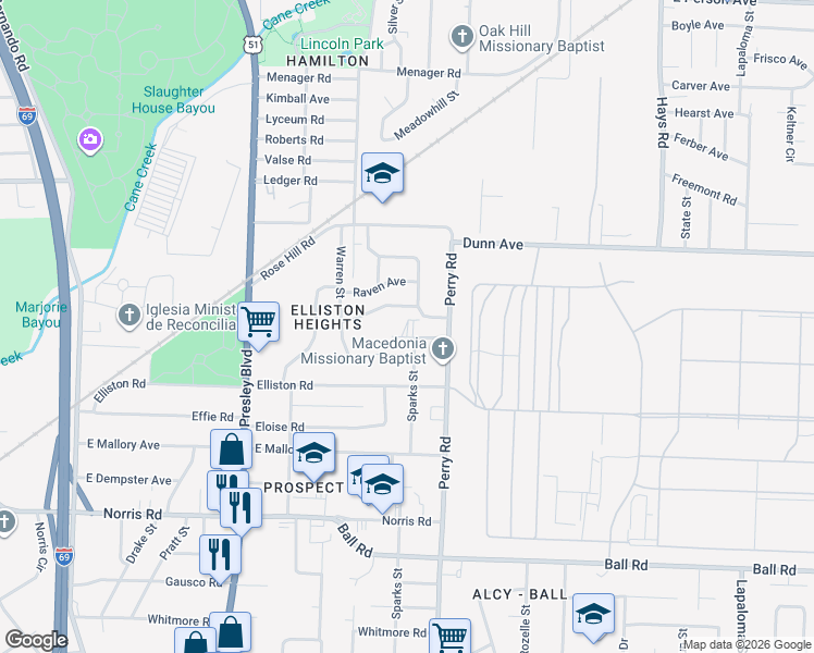 map of restaurants, bars, coffee shops, grocery stores, and more near 1532 Cane Road in Memphis
