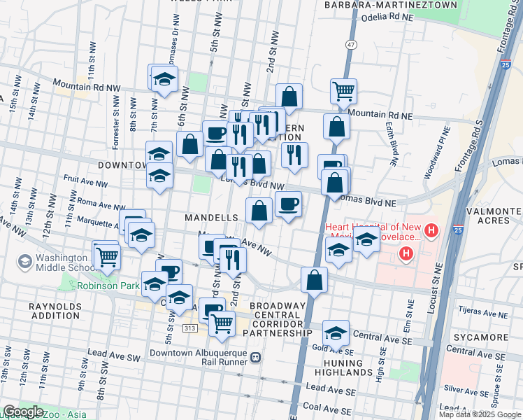 map of restaurants, bars, coffee shops, grocery stores, and more near 615 1st Street Northwest in Albuquerque