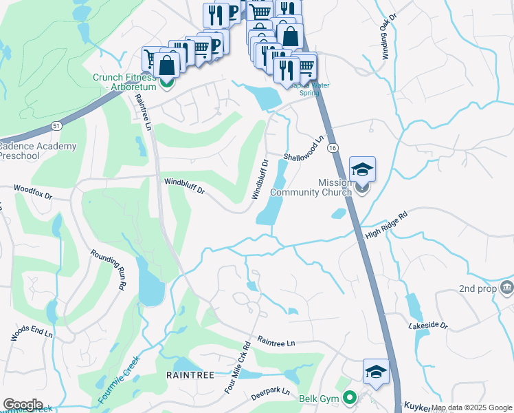 map of restaurants, bars, coffee shops, grocery stores, and more near 3501 Windbluff Drive in Charlotte