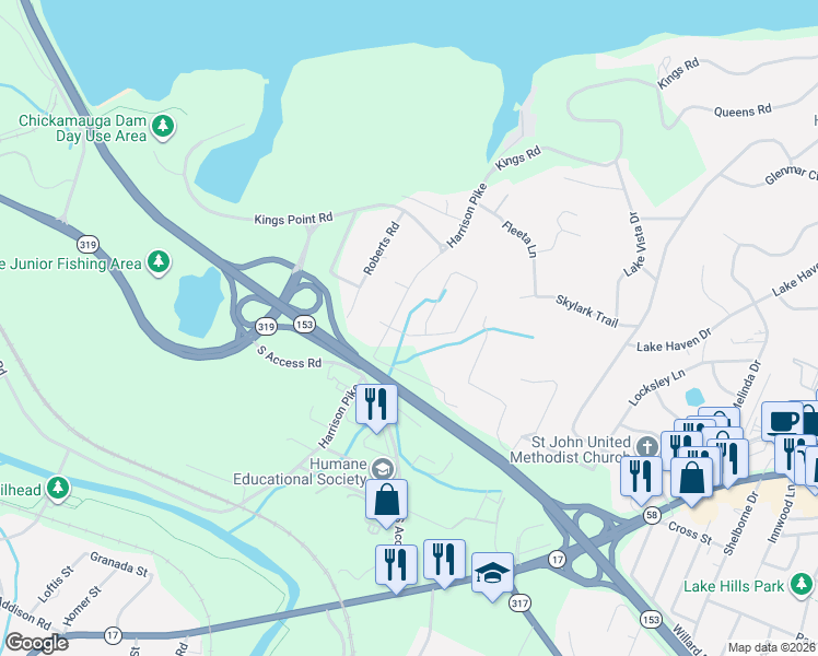 map of restaurants, bars, coffee shops, grocery stores, and more near 4405 Kings Lake Court in Chattanooga