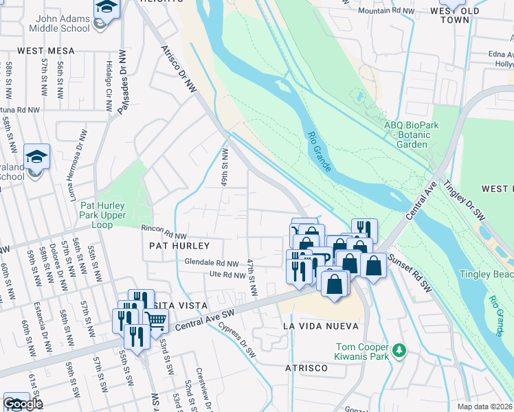 map of restaurants, bars, coffee shops, grocery stores, and more near 3419 Herrera Road Northwest in Albuquerque