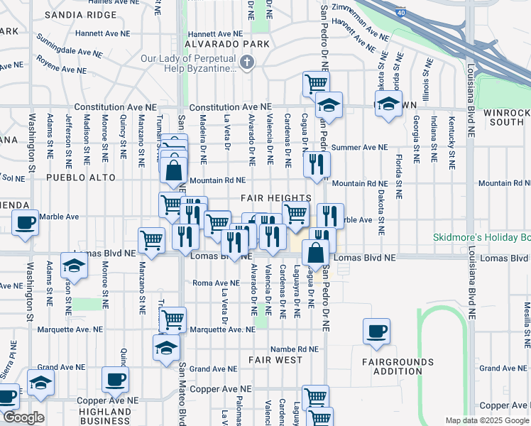 map of restaurants, bars, coffee shops, grocery stores, and more near 1201 Valencia Drive Northeast in Albuquerque