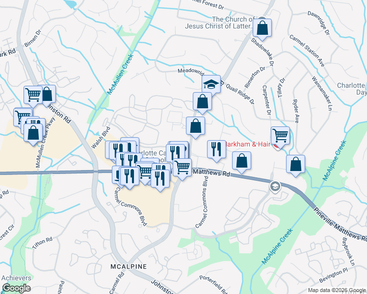 map of restaurants, bars, coffee shops, grocery stores, and more near 6420 Carmel Road in Charlotte