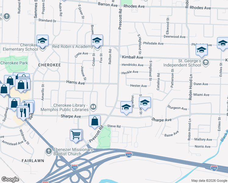 map of restaurants, bars, coffee shops, grocery stores, and more near 1541 Prescott Road in Memphis