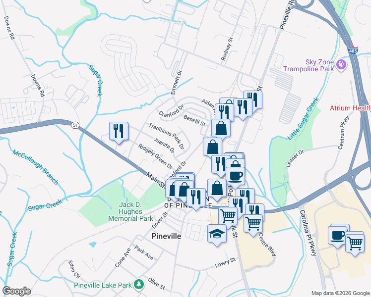 map of restaurants, bars, coffee shops, grocery stores, and more near 1029 Traditions Park Dr in Pineville
