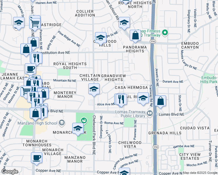 map of restaurants, bars, coffee shops, grocery stores, and more near 12810 Granite Avenue Northeast in Albuquerque