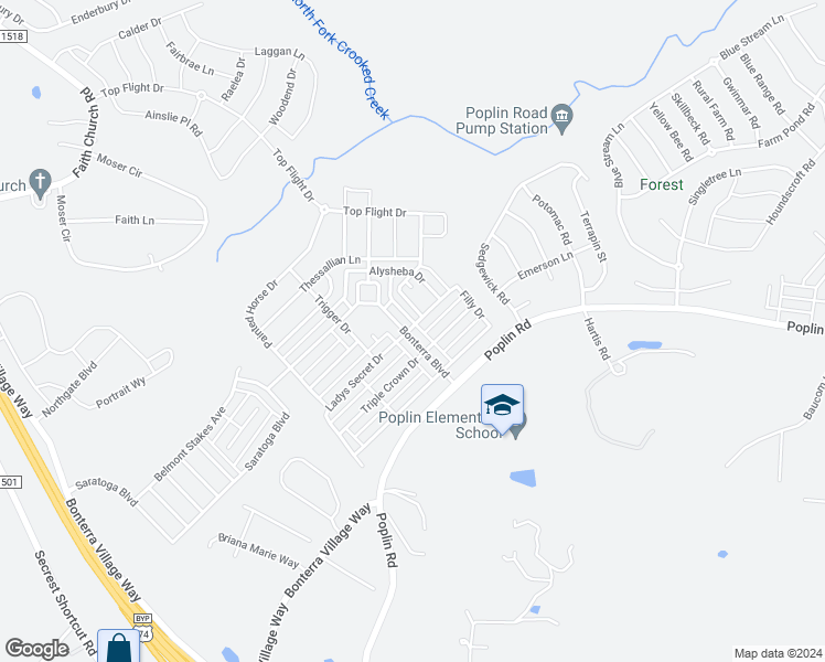 map of restaurants, bars, coffee shops, grocery stores, and more near 2206 Bonterra Boulevard in Indian Trail