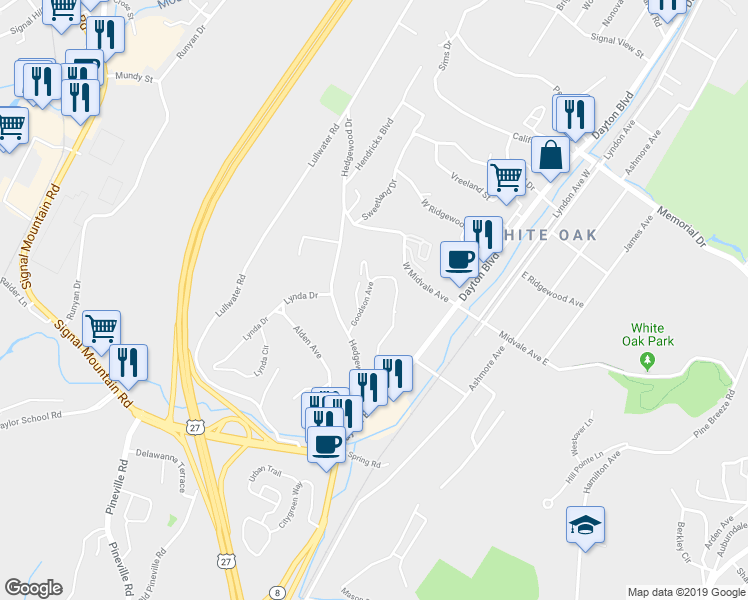 map of restaurants, bars, coffee shops, grocery stores, and more near 108 Goodson Avenue in Chattanooga