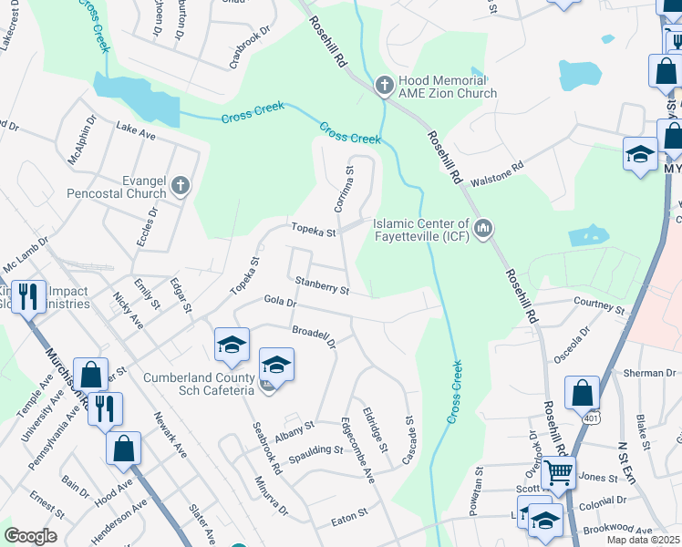 map of restaurants, bars, coffee shops, grocery stores, and more near 1914-1916 Corrinna St in Fayetteville
