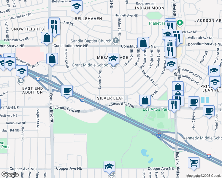 map of restaurants, bars, coffee shops, grocery stores, and more near 9304 Luthy Circle Northeast in Albuquerque