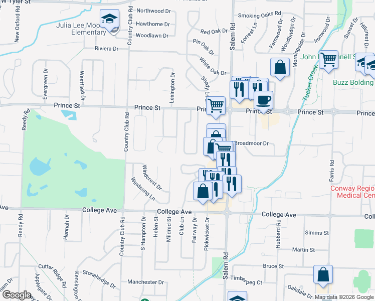 map of restaurants, bars, coffee shops, grocery stores, and more near 888 Heather Circle in Conway