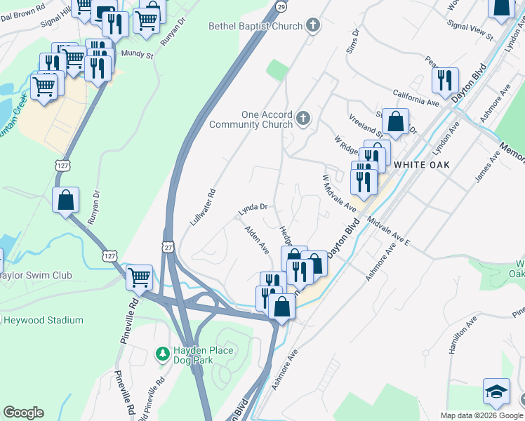 map of restaurants, bars, coffee shops, grocery stores, and more near 104 Lynda Drive in Chattanooga