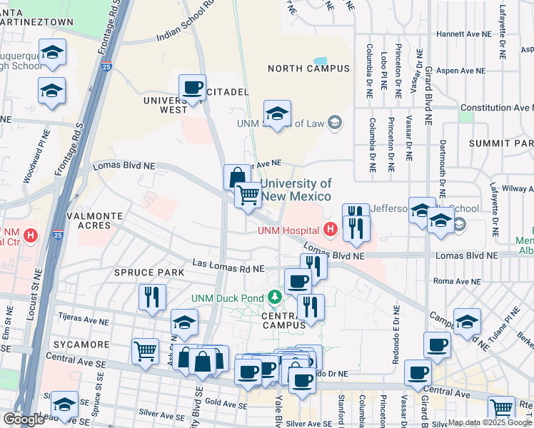 map of restaurants, bars, coffee shops, grocery stores, and more near 1835 Lomas Boulevard Northeast in Albuquerque