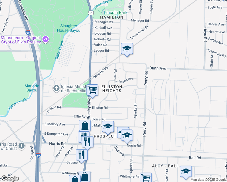 map of restaurants, bars, coffee shops, grocery stores, and more near 2043 Warren St in Memphis