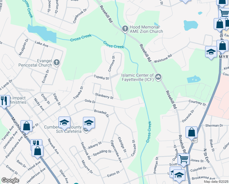 map of restaurants, bars, coffee shops, grocery stores, and more near 1914 Corrinna Street in Fayetteville