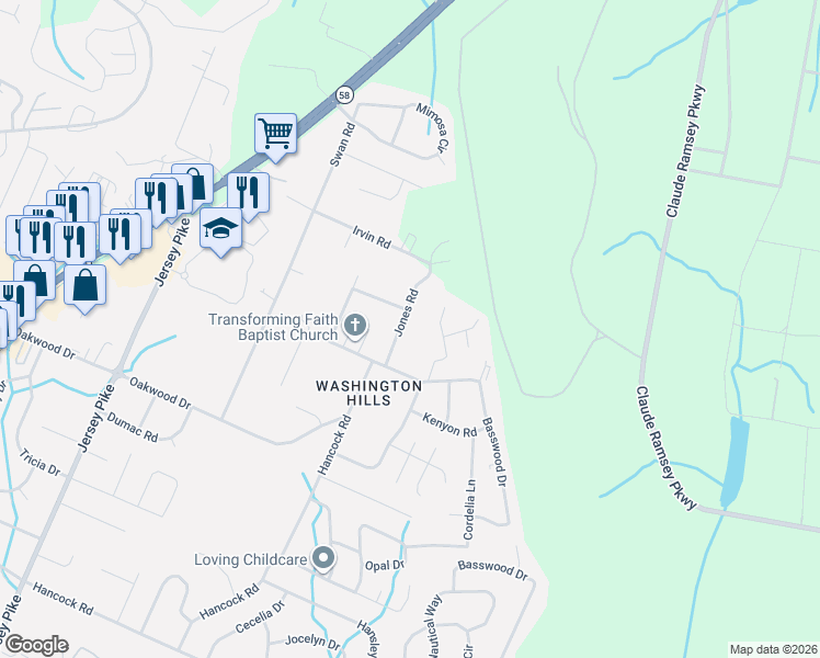 map of restaurants, bars, coffee shops, grocery stores, and more near 5012 Irvin Road in Chattanooga