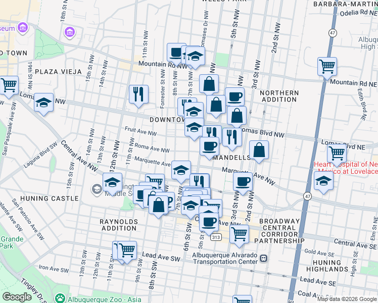 map of restaurants, bars, coffee shops, grocery stores, and more near 7th St NW & Roma Ave NW in Albuquerque
