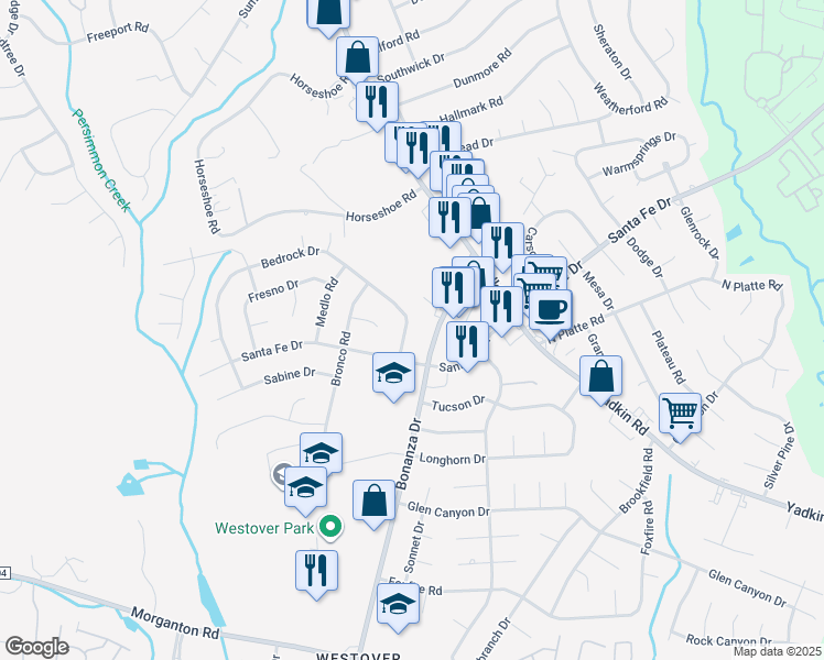 map of restaurants, bars, coffee shops, grocery stores, and more near 806 Bedrock Drive in Fayetteville