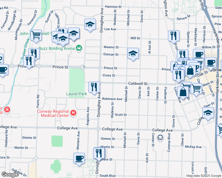 map of restaurants, bars, coffee shops, grocery stores, and more near 831 Watkins Street in Conway