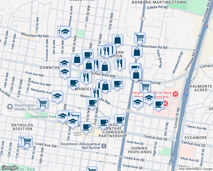 map of restaurants, bars, coffee shops, grocery stores, and more near 615 1st Street Northwest in Albuquerque